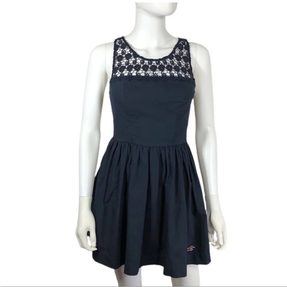 Hollister Navy Blue Fit & Flare Crochet Neckline Skater Dress